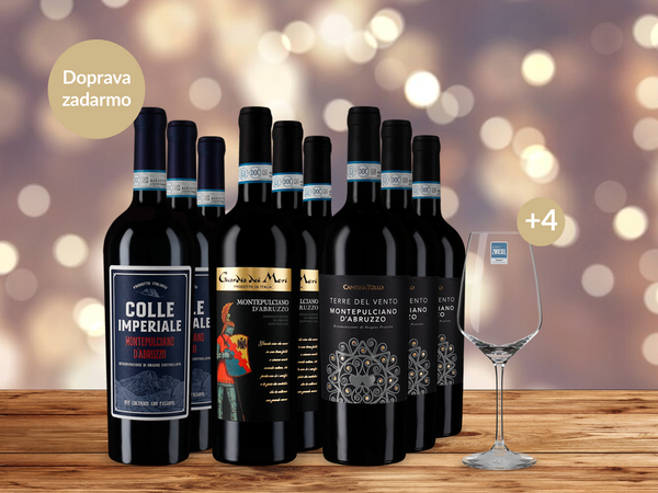 Montepulciano d'Abruzzo v balení 3x3 s dopravou zadarmo + 4 poháre