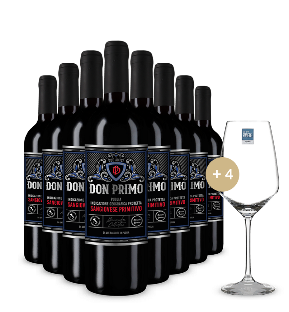 8 fliaš Don Primo Sangiovese Primitivo 2023 + 4 Schott Zwiesel poháre na víno