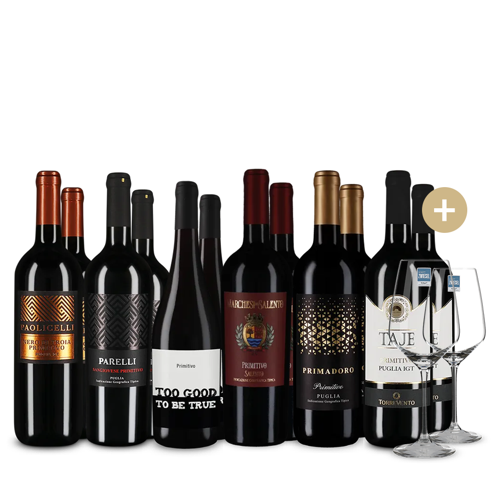 Primitivo XXL: Hviezdne balenie 6x2 + 2 poháre na víno – Gold