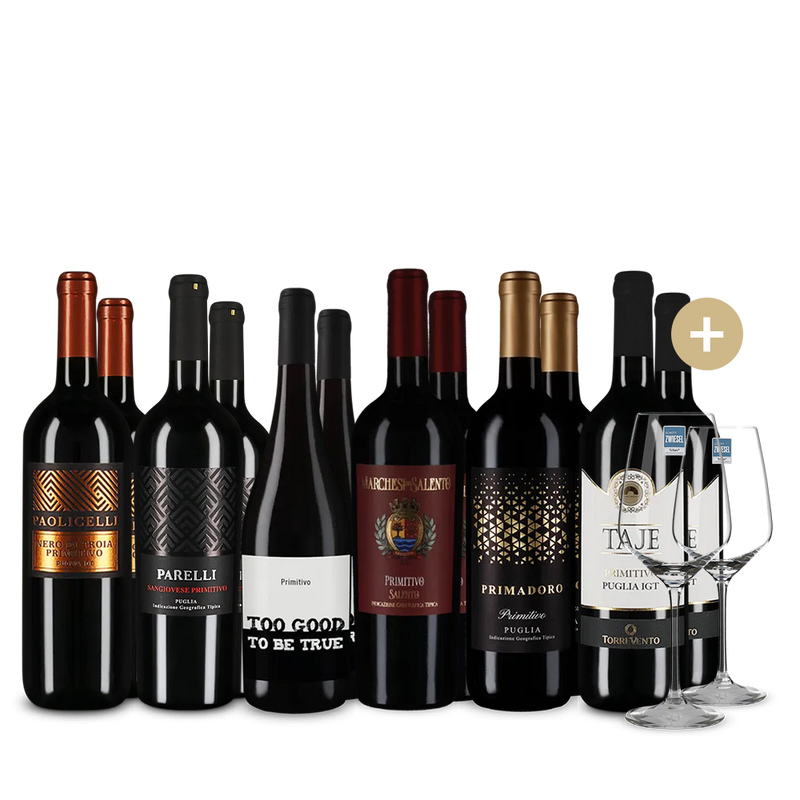 Primitivo XXL: Hviezdne balenie 6x2 + 2 poháre na víno – Gold