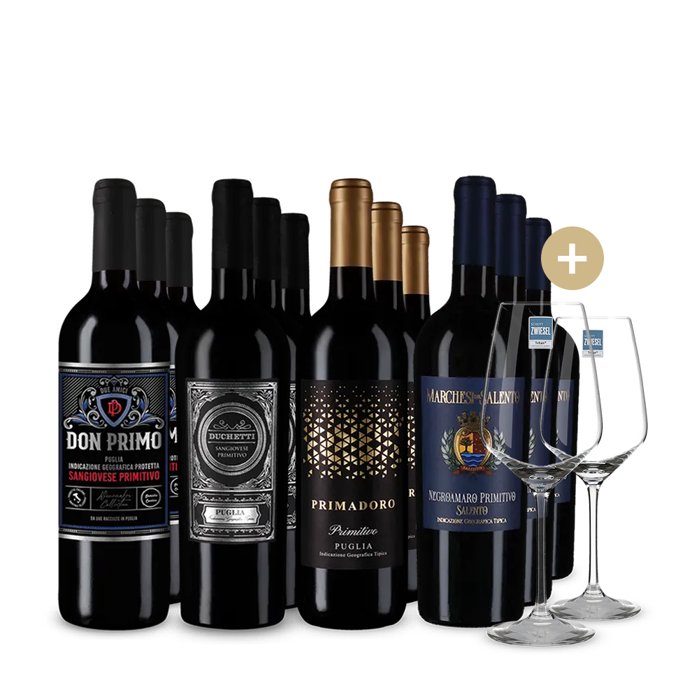 Hviezdne Primitivo v balení 4x3 + 2 poháre na víno