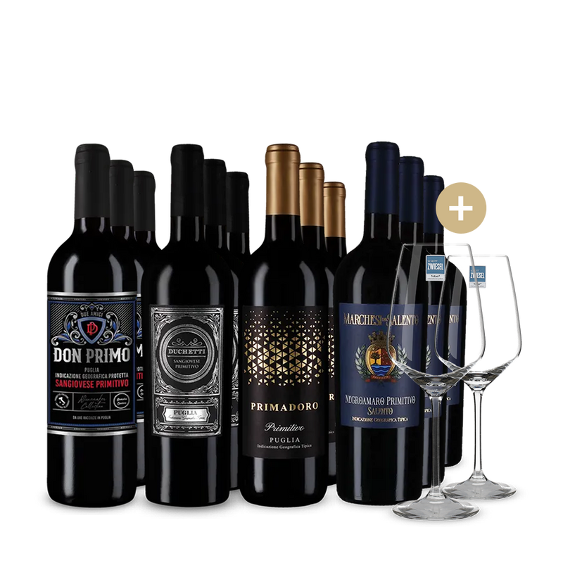 Hviezdne Primitivo v balení 4x3 + 2 poháre na víno