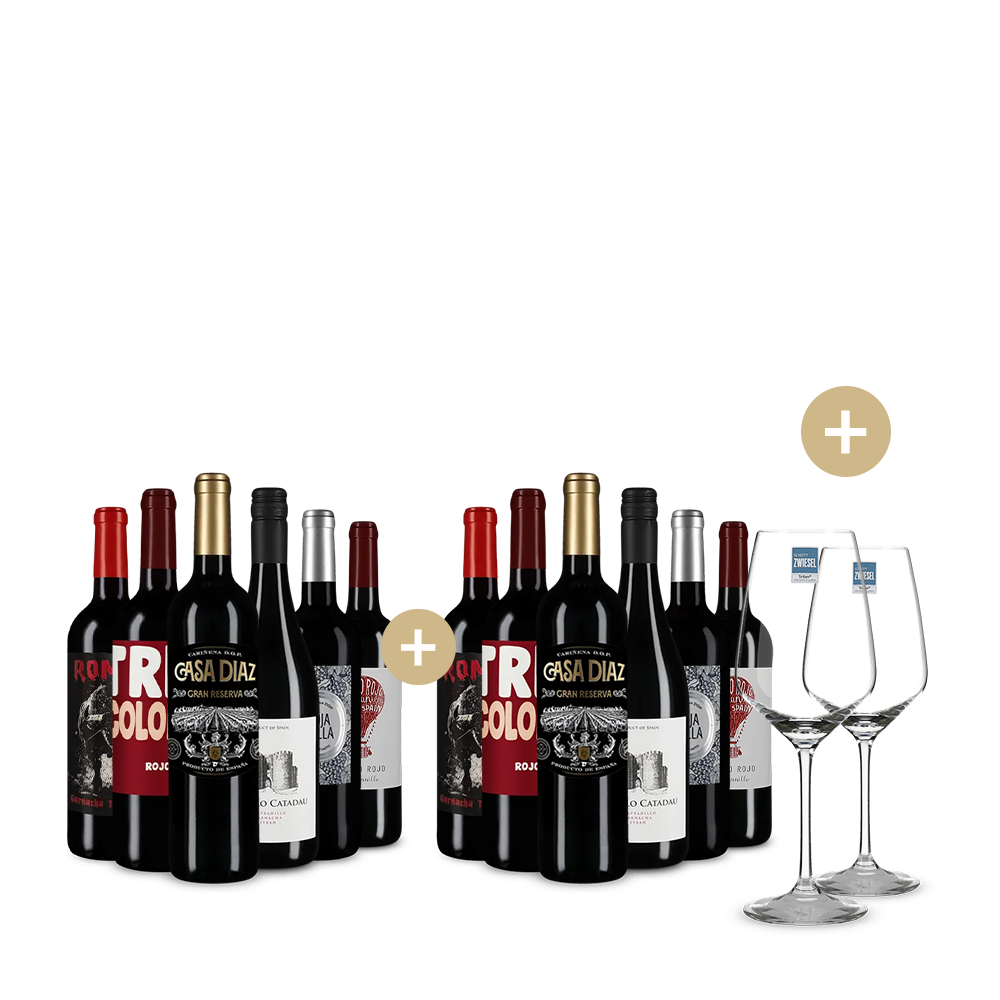 6+6 fliaš: Španielske červené hviezdy + 2 poháre na víno – Gold