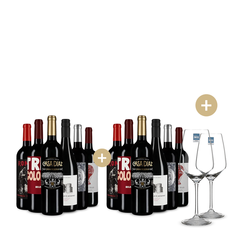 6+6 fliaš: Španielske červené hviezdy + 2 poháre na víno – Gold