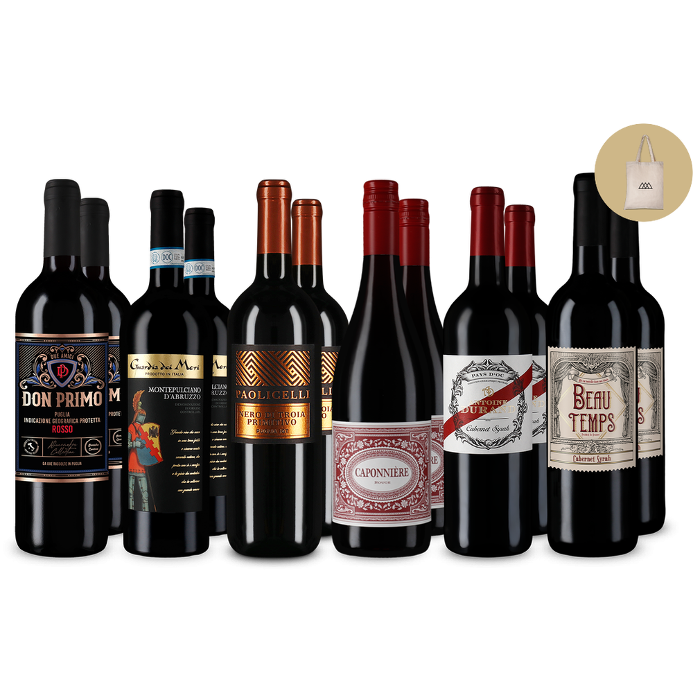 Taliansko sa stretáva s Francúzskom v balení 6x2 červených vín + látková taška – Gold