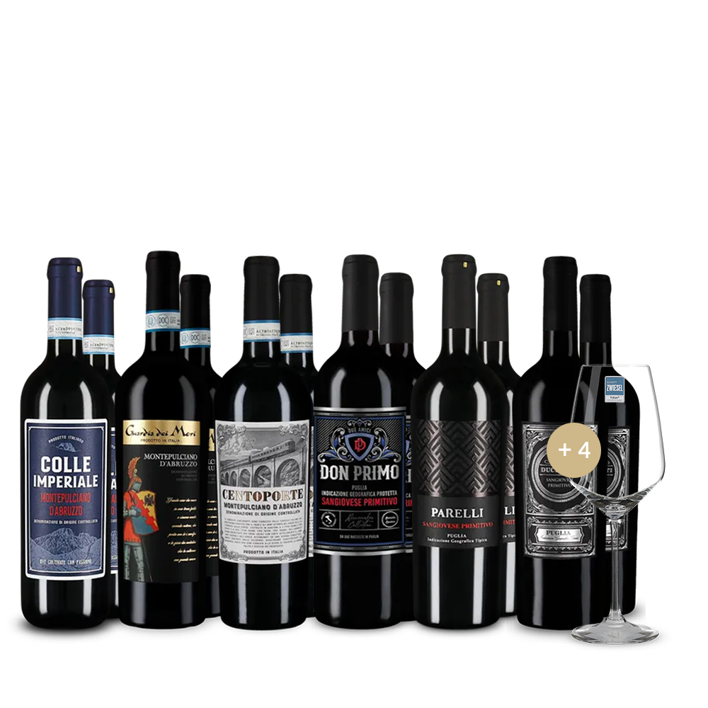 Montepulciano & Primitivo: Vysnívaná talianska dvojica v balení 6x2 + 4 poháre