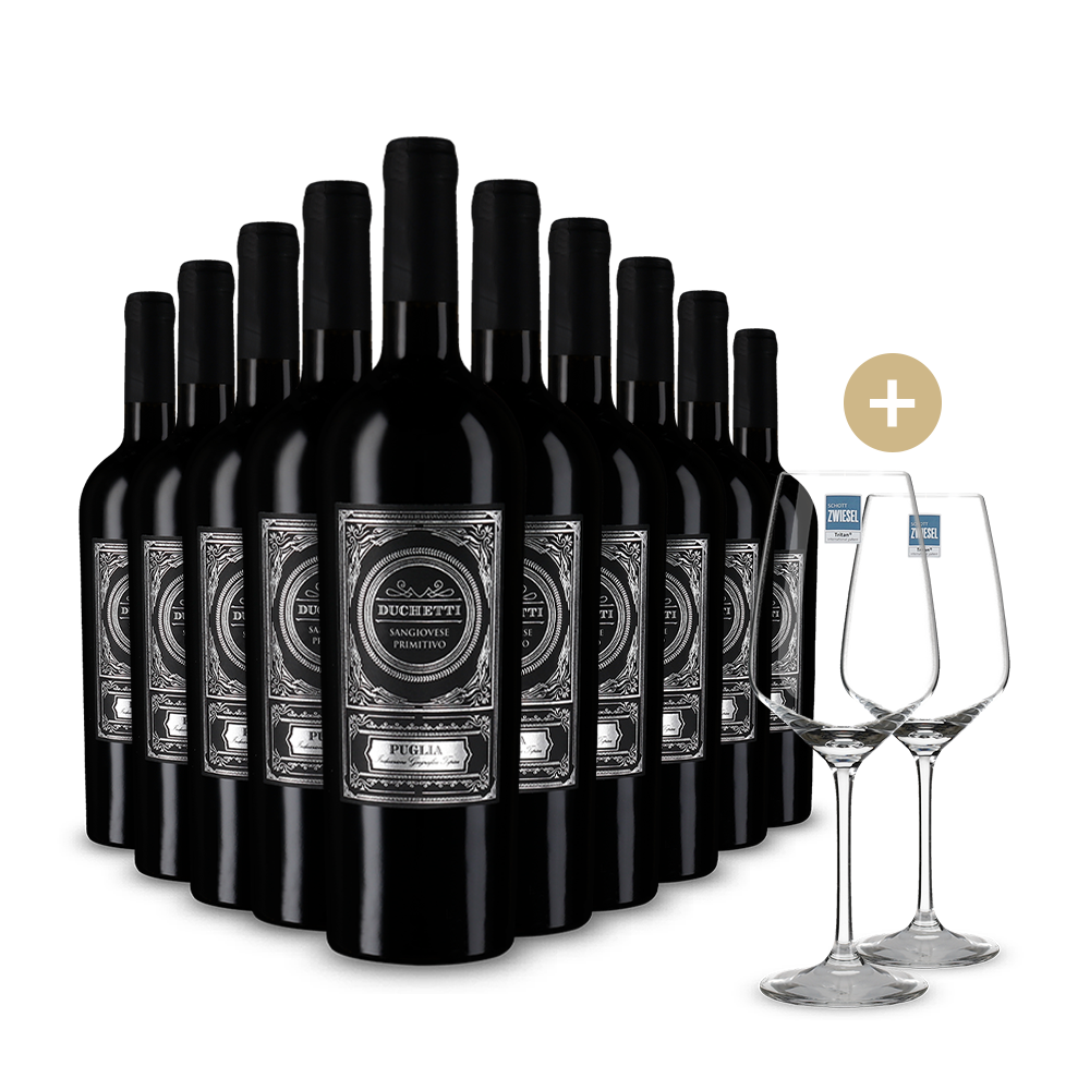 10 fliaš Duchetti Sangiovese Primitivo 2024 + 2 poháre