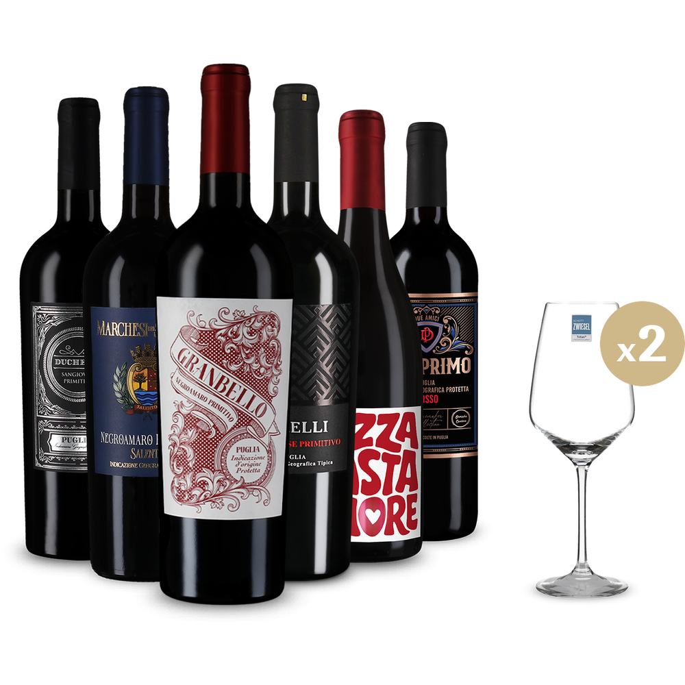 Primitivo & spol.: obľúbené červené vína v balení po 6 kusoch + 2 poháre