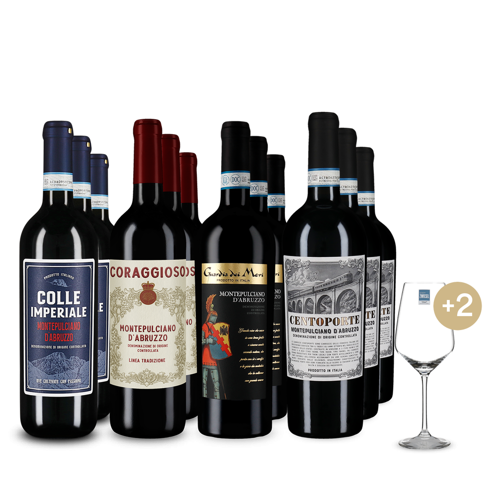 Montepulciano d'Abruzzo vo výhodnom balení 4x3 + 2 poháre