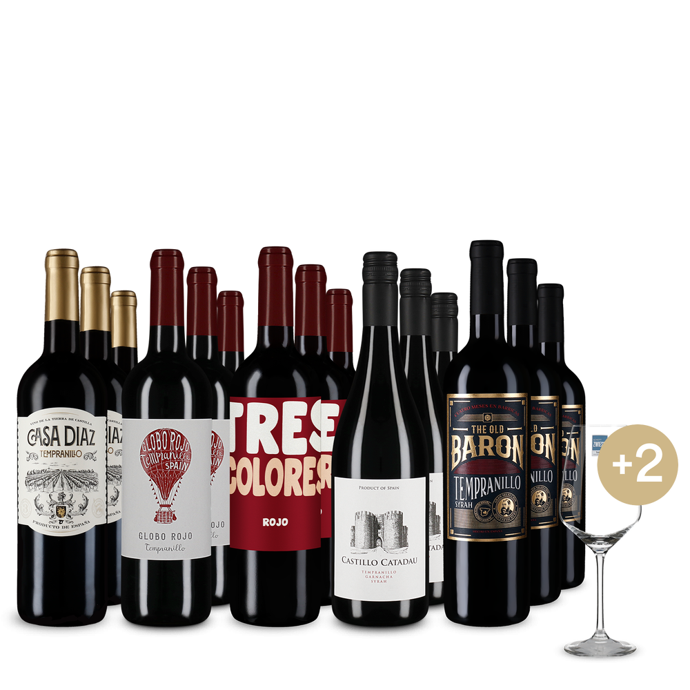 Vynikajúce červené vína zo Španielska v balení 5x3 + 2 poháre
