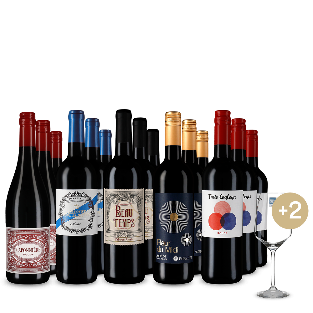 Hviezdne červené vína z Francúzska v balení 5x3 + 2 poháre