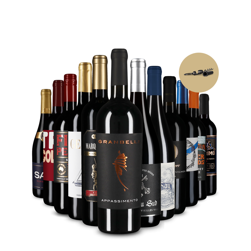 Medzinárodné červené vína v balení po 12 kusoch + otvárač na víno 2v1 – Gold